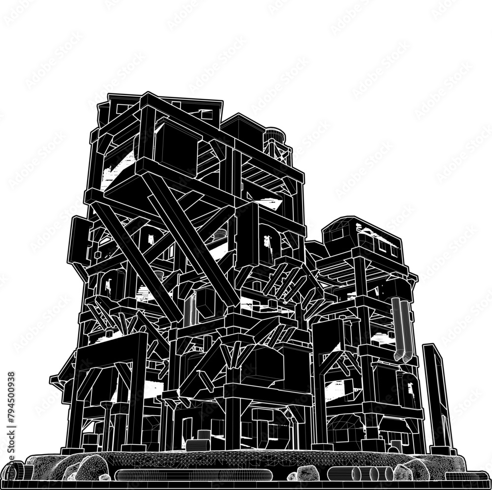 Fototapeta premium Abstract Apocalyptic Futuristic Building Vector. Construction Structure Illustration Isolated On White Background. 