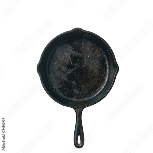 An isolated image of a cast iron skillet resting on a blue and white wooden table against a transparent background photo