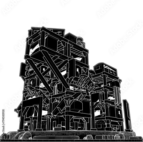 Abstract Apocalyptic Futuristic Building Vector. Construction Structure Illustration Isolated On White Background. 