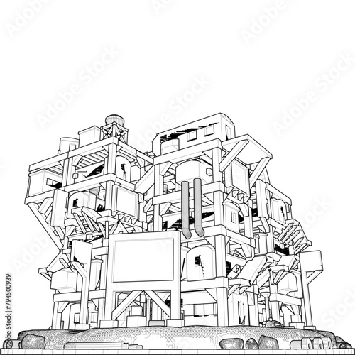 Abstract Apocalyptic Futuristic Building Vector. Construction Structure Illustration Isolated On White Background. 