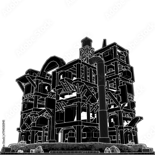 Abstract Apocalyptic Futuristic Building Vector. Construction Structure Illustration Isolated On White Background. 