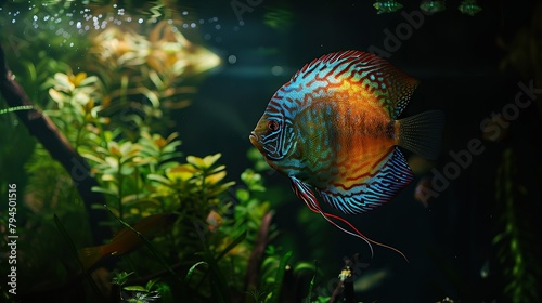 aesthetic aquascape background design, front view, dark theme, discus fish 