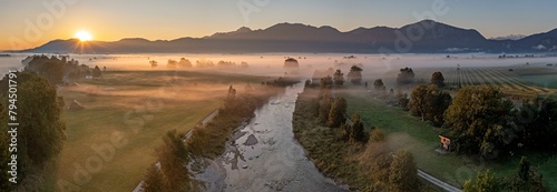 Aerial view, river with fog in front of mountains, panorama, sunrise, backlight, summer, Loisach, Alpine foothills, Bavaria, Germany, Europe