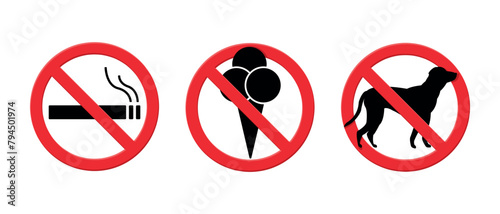no smoking, no eating, no dogs prohibited signs isolated on white background, red forbidden circle vector stickers for public area