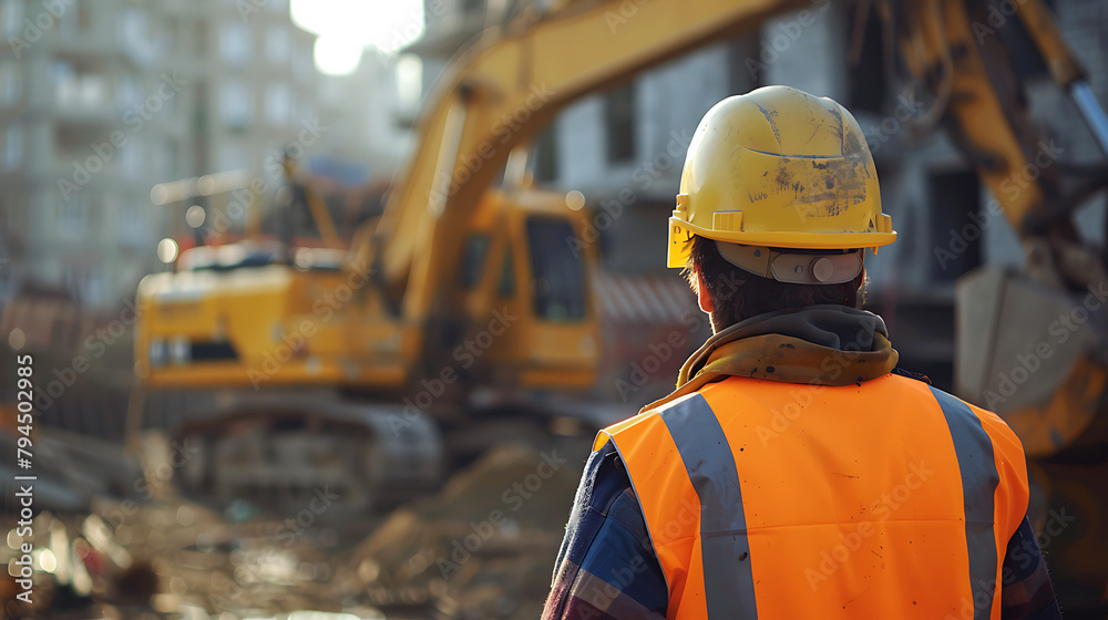 a person at a construction site. The individual is wearing a yellow hard hat and an orange and navy blue high-visibility safety vest a person at a construction site. The individual is wearing a yellow hard hat and an orange and navy blue high-visibility safety vest