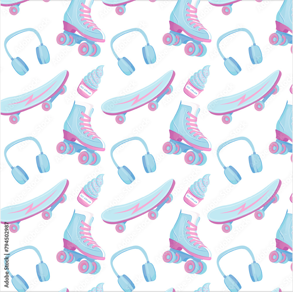 Obraz premium Summer seamless pattern rollers, skateboard, ice cream, headphones.