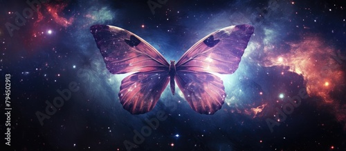 A violet butterfly, illuminated by stars, flutters through the night sky
