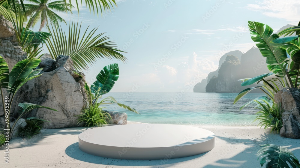 Fototapeta premium 3d render tropical beach background with podium for product display summer scene with palm leaves and ocean view