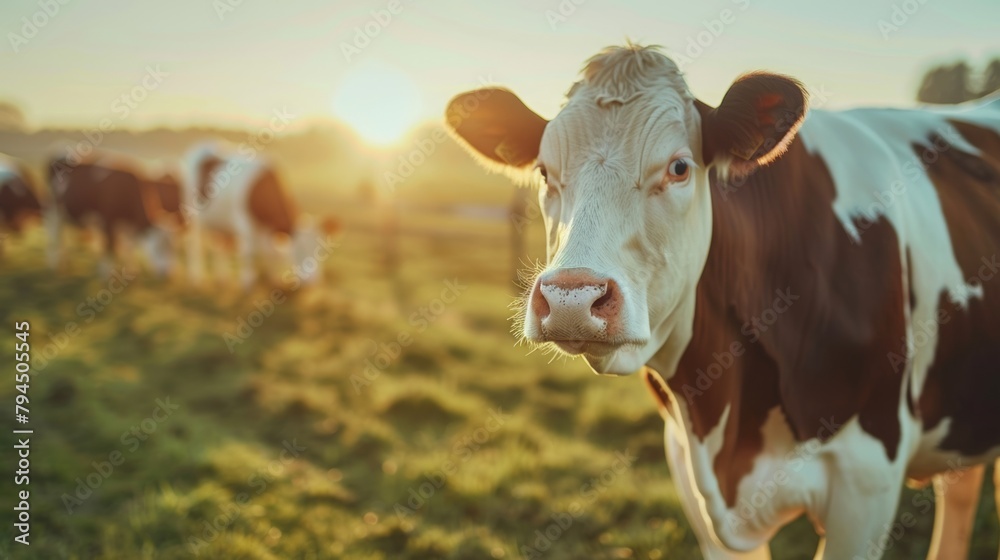 Cows Grazing on a Farm at Sunset