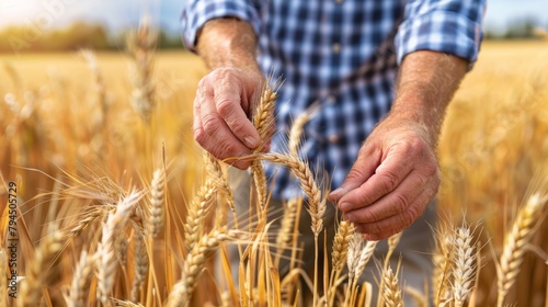 Farmer Inspecting Wheat Crop in Field