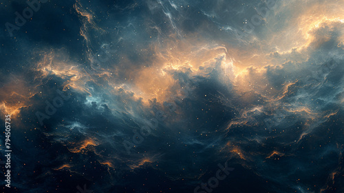 Abstract cosmic scene with dark blue and golden clouds, suggesting a celestial atmosphere photo