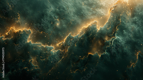 Abstract image with a dramatic display of dark green clouds and bright golden streaks, resembling cosmic formations