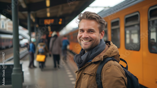a man smiling while standing next to a train at a station with a train in the background and people walking