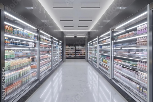 modern supermarket aisle with clean metal shelves for product display 3d rendering