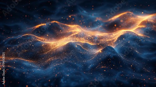 Dynamic waves of golden particles on a dark background, creating an ethereal and flowing pattern. The combination of light and dark tones suggests energy and movement in an abstract setting photo