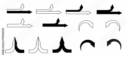 a set of black and white arrows, a symbol of the direction of movement, business development, flat  illustration, isolated on a white background