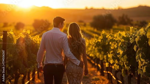 A young couple dressed in elegant attire walk arm in arm along the rows of gvines taking in the beauty of the sunset sky beyond the . . photo