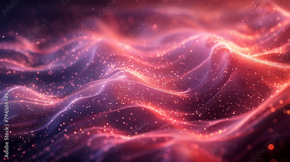 Abstract image with flowing pink and orange waves adorned with glowing particles