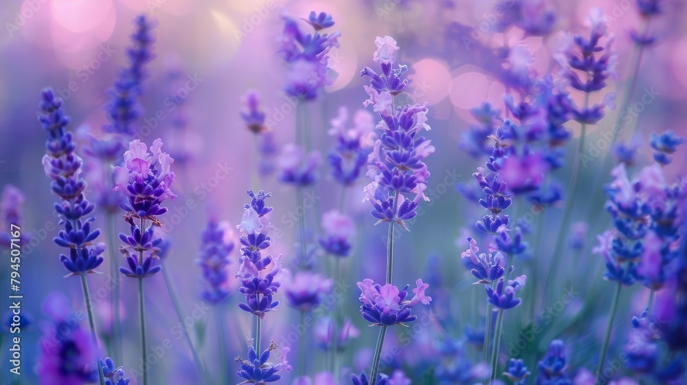 Obraz premium The comforting scent of lavender fills the air as you rest soundly a the calming landscape of gentle slumbers. 2d flat cartoon.