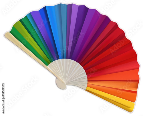 Hand fan sticker with colorful rainbow colors for LGBT concept in pride month. Isolated over transparent background © LorenaPh
