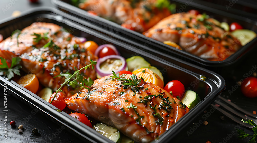 Ready healthy food catering menu in lunch boxes fish and vegetable packages as daily meal diet plan courier delivery with fork isolated on black table background, Take away containers order concept
