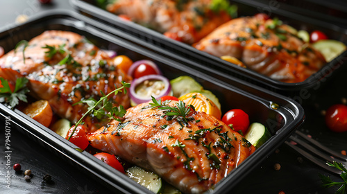 Ready healthy food catering menu in lunch boxes fish and vegetable packages as daily meal diet plan courier delivery with fork isolated on black table background, Take away containers order concept photo