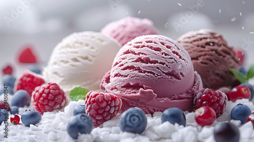 Scoops of different ice creams and ingredients on white background