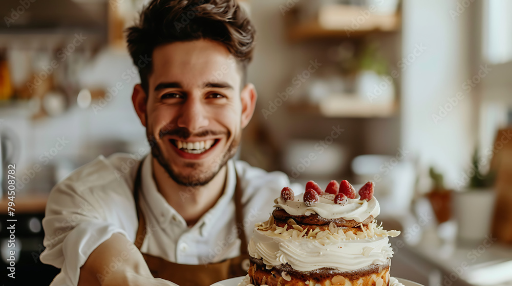 a man is smiling while holding a cake in front of him and smiling at the camera while he is looking at the cake