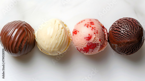 Set of four various ice cream balls or scoops isolated on white background, Top view, Vanilla, strawberry, chocolate and caramel flavor
