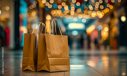 black friday in a shopping centre with two brown paper bags, in the style of bokeh © MALIK
