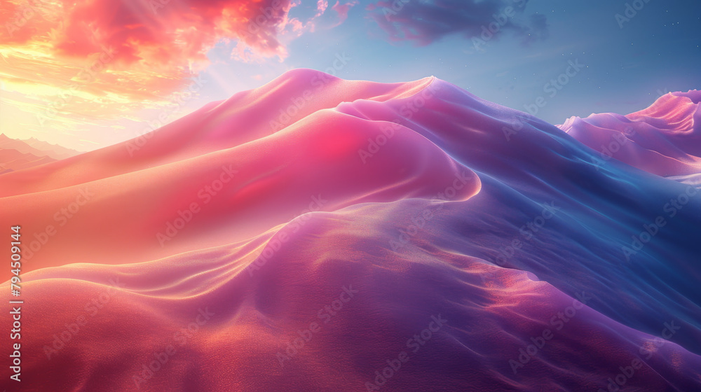 Fototapeta premium Flowing fabric-like dunes in soft pink and purple hues, illuminated by a warm sunset