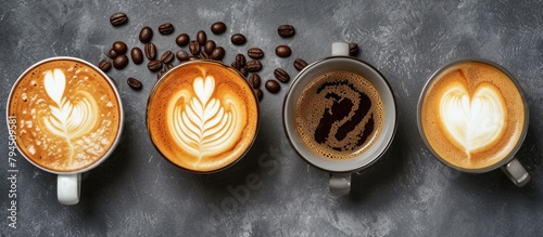 Coffee cups with latte art on dark background. Top view, flat lay