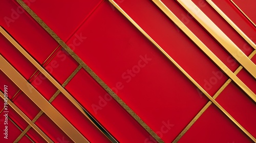 Visualize an abstract composition where luxurious diagonal gold lines elegantly overlap on a vibrant red background