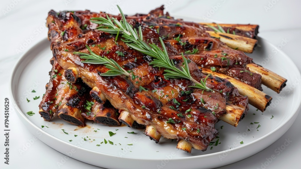 Grilled ribs rack served on a white plate