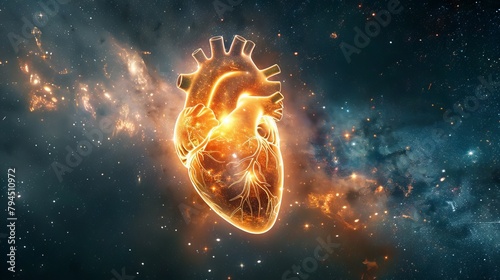 Realistic depiction of a beating heart with electrical impulses traveling through the cardiac conduction system, regulating heartbeat. Cardiology concept. World Blood Donor Day. photo