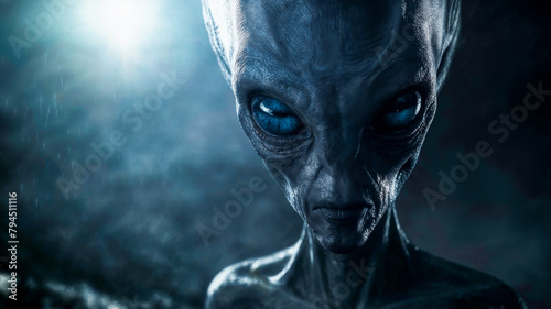 portrait d'un extraterrestre gris aux gros yeux noirs