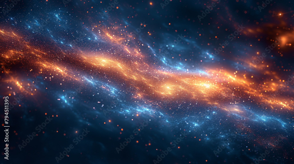 Background of cosmic scene with swirling blue and orange particles, resembling a galaxy