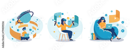 Metaverse web concept with people scenes set in flat style. Bundle of augmented virtual reality for online shopping, gaming, communication, science, study. Vector illustration with character design	