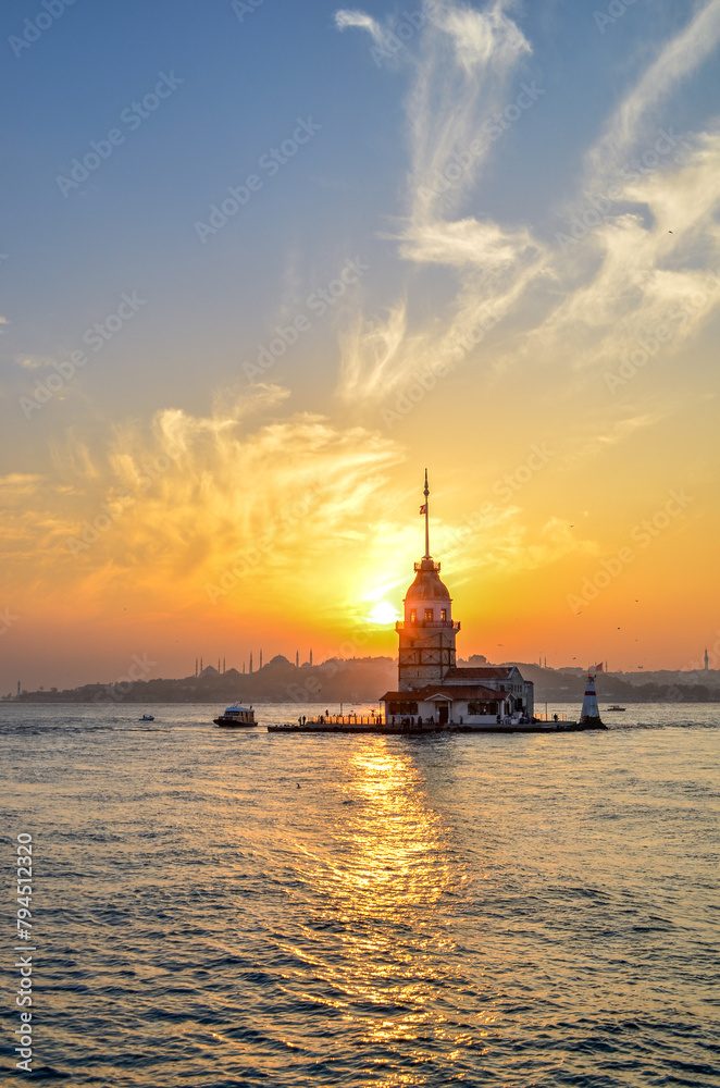 sunset and maiden tower on the bosphorus, istanbul