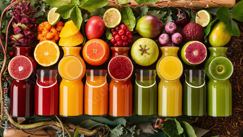 Aesthetically display of liquid wellness healthy juices fresh fruits, color showcase 