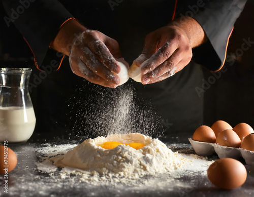 Close up of male hands cracking eggs upon flour, making dough for bread or pastry. Food background photo