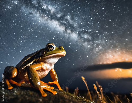Frog in the starry sky. Wildlife scene from nature. photo
