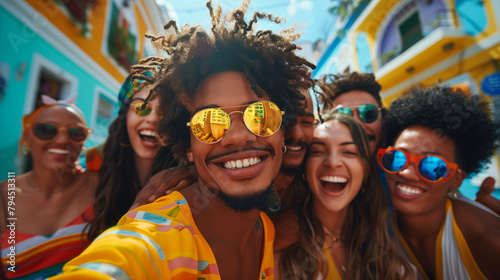 group of friends making a selfie while celebrating and smiling on a summer day