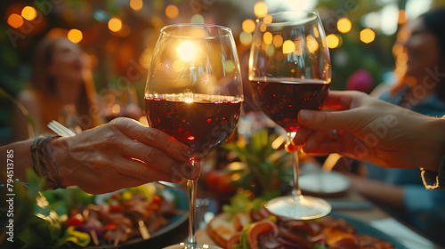 Young friends having fun drinking red wine on balcony at house dinner pic nic party  Hipster millennial people eating bbq food at fancy restaurant together  Dinning life style concept on warm filter photo