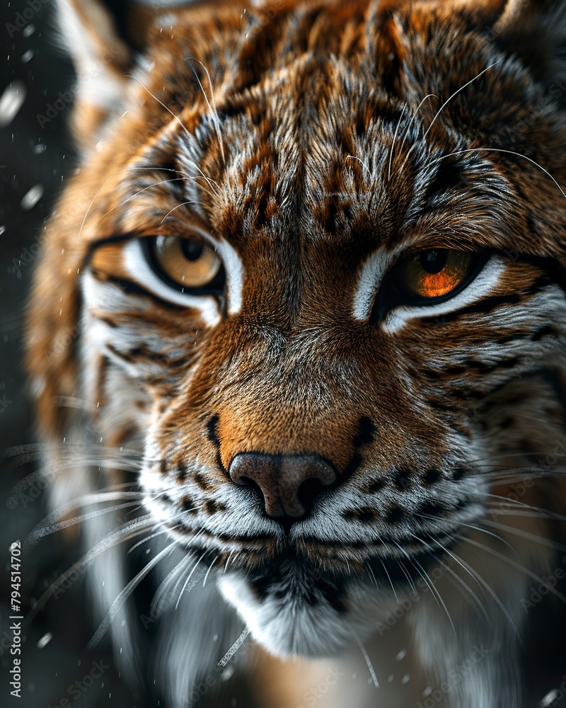 Portrait of a beautiful detailed fur lynx in natural habitat. Lynx with fluffy fur and piercing eyes under small snowflakes.