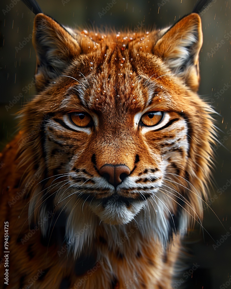 Portrait of a beautiful detailed fur lynx in natural habitat. Lynx with fluffy fur and piercing eyes under small snowflakes. Portrait of a beautiful detailed fur lynx in natural habitat. Lynx with fluffy fur and piercing eyes under small snowflakes.
