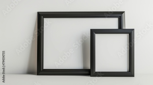 Two black minimalist photo frames with white wall background. Minimalist photo frames for your family photos. Two different sized black minimalist frames.