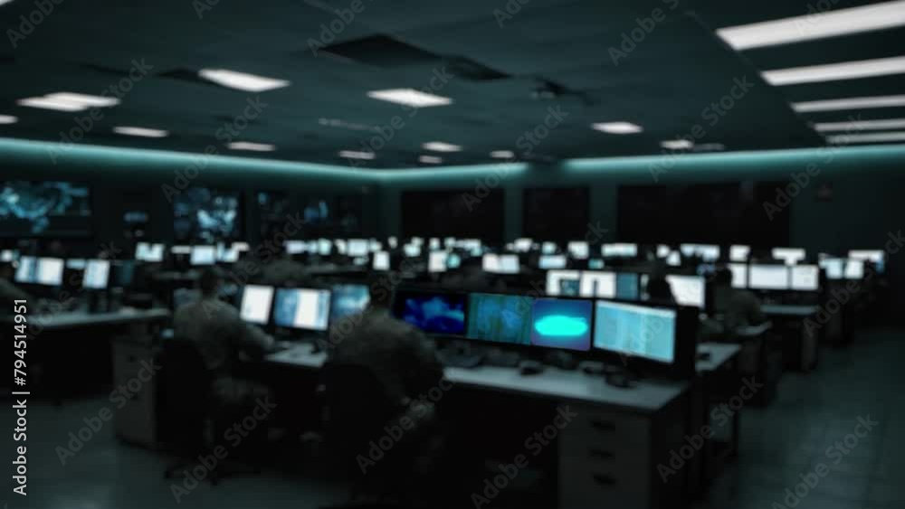 blur background of the army call center with many monitors in room render 3d