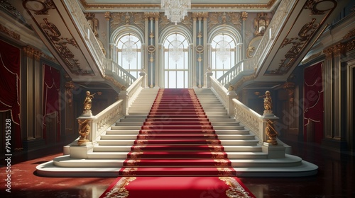 Regal Red Carpet Staircase with Ornate Golden railing, luxury Interior design