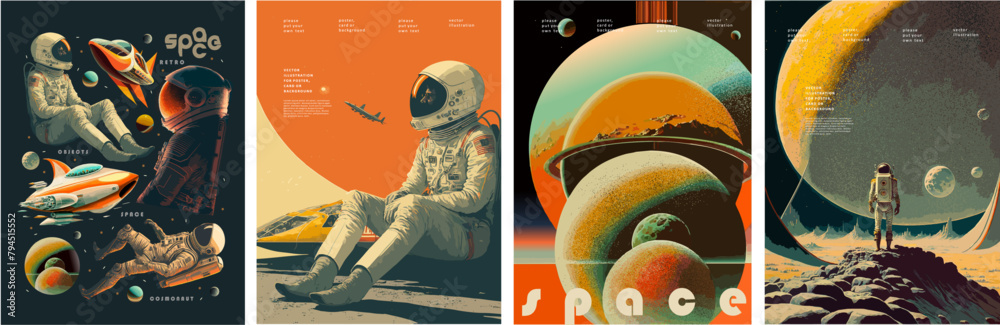 Naklejka premium Space, science fiction, future. Vector retro illustrations of astronaut, galaxy, planet, moon, space objects for poster, background or cover